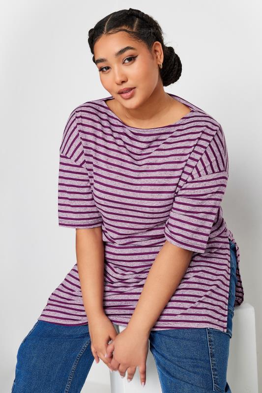 YOURS Plus Size Purple Stripe Oversized T-Shirt | Yours Clothing 1
