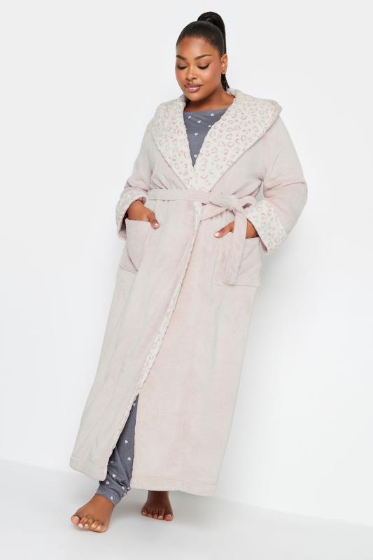 YOURS Plus Size Light Pink Animal Print Hooded Maxi Dressing Gown | Yours Clothing 1