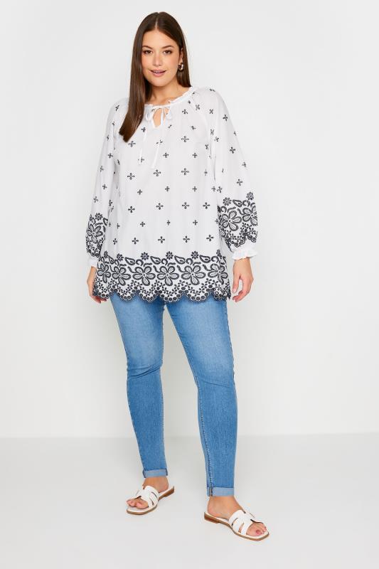 YOURS Plus Size White & Navy Blue Broderie Anglaise Blouse | Yours Clothing 3