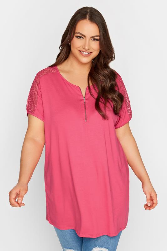 Plus Size  YOURS Curve Pink Lace Sleeve Zip T-Shirt