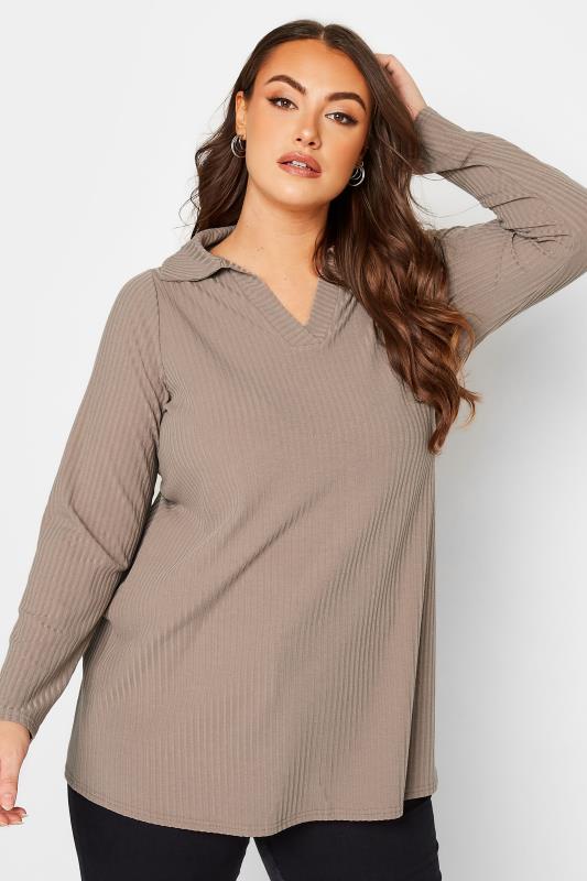 Curve Beige Brown Long Sleeve V Neck Collar Top | Yours Clothing 1