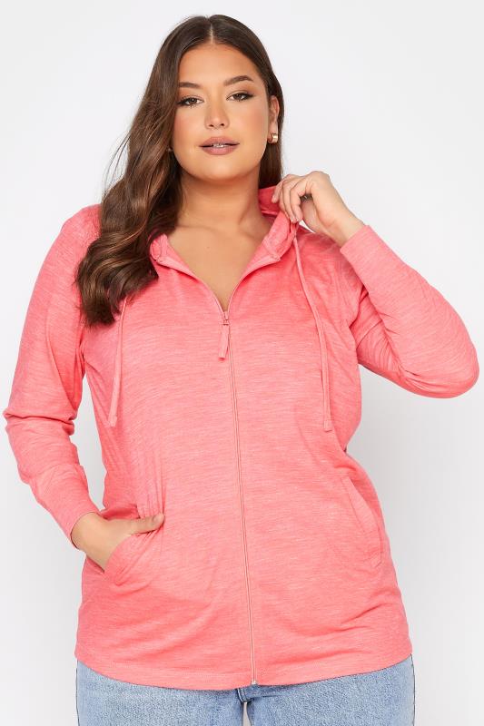 Plus Size  YOURS Curve Coral Pink Marl Zip Hoodie