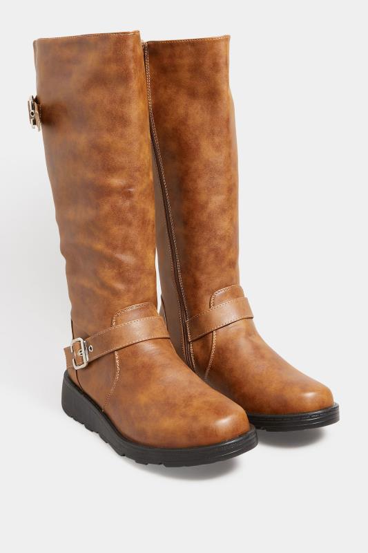 Tan Brown Knee High Wedge Boots In Wide E Fit | Yours Clothing 2