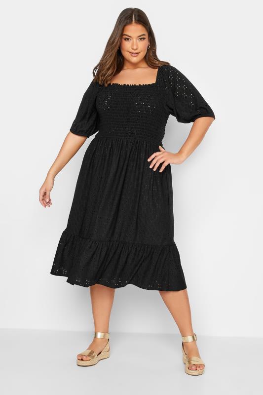 YOURS Curve Plus Size Black Shirred Broderie Anglaise Midaxi Dress | Yours Clothing 2