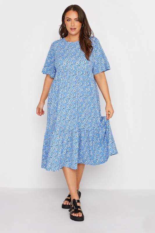Plus Size  Curve Blue Ditsy Print Tiered Dress