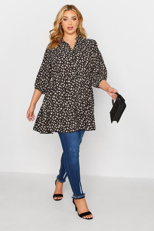 Plus Size Black Floral Print Smock Shirt | Yours Clothing 2
