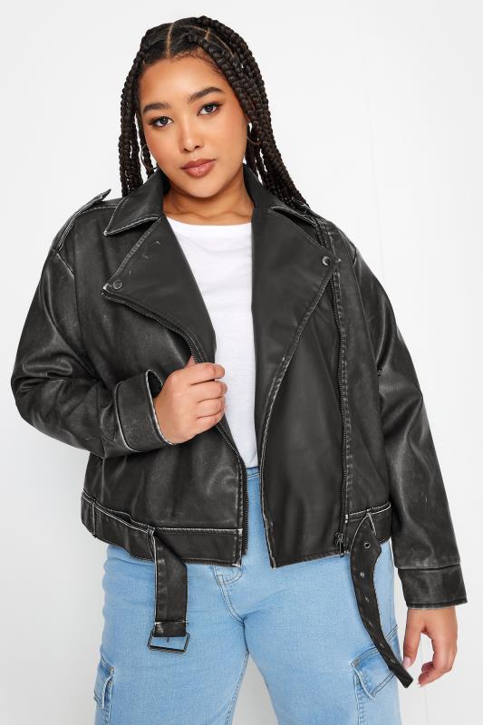 YOURS Plus Size Black Washed Faux Leather Biker Jacket | Yours Clothing