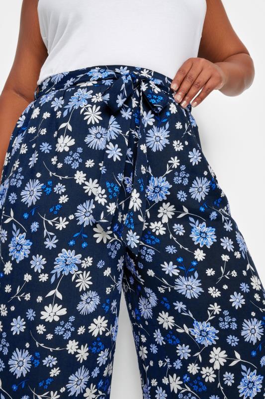 YOURS Plus Size Navy Blue Floral Print Wide Leg Trousers | Yours Clothing 4