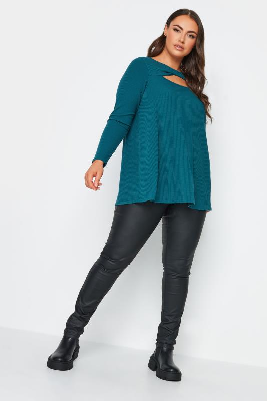 YOURS Plus Size Teal Blue Twisted Front Ribbed Top | Yours Clothing