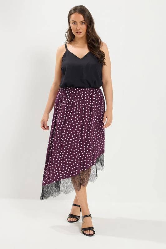  YOURS Curve Purple Polka Dot Lace Asymmetric Hem Skirt