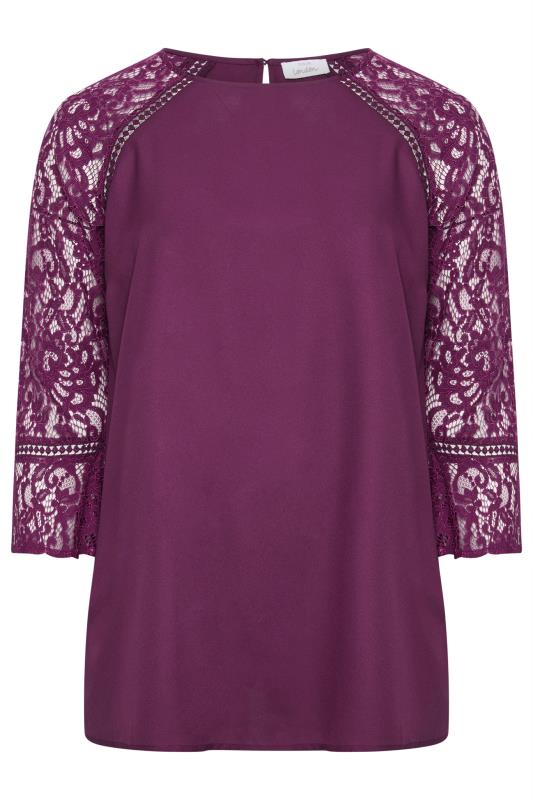 YOURS LONDON Curve Purple Lace Flute Sleeve Top | Yours Clothing 5