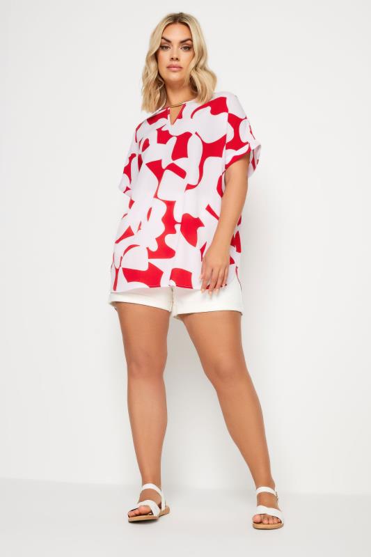 YOURS Plus Size Red Abstract Print Notch Neck Blouse | Yours Clothing 2