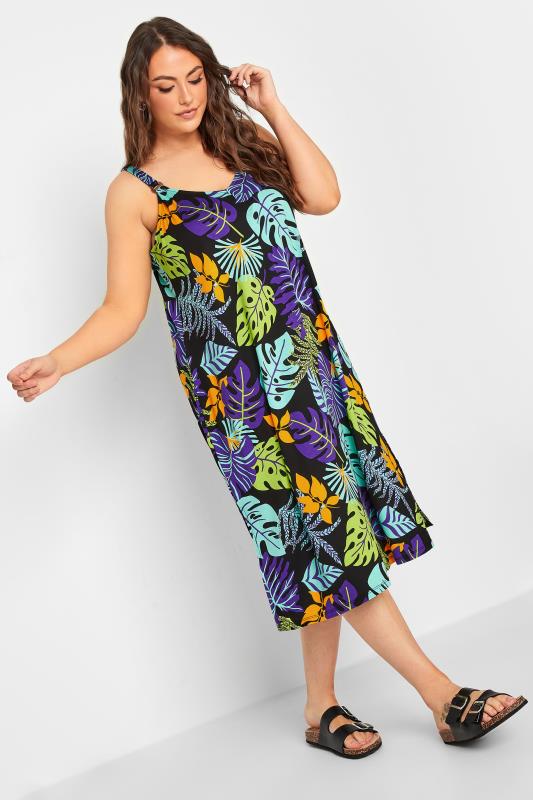 YOURS Curve Black Tropical Leaf Print Beach Dress | Yours Clothing 2