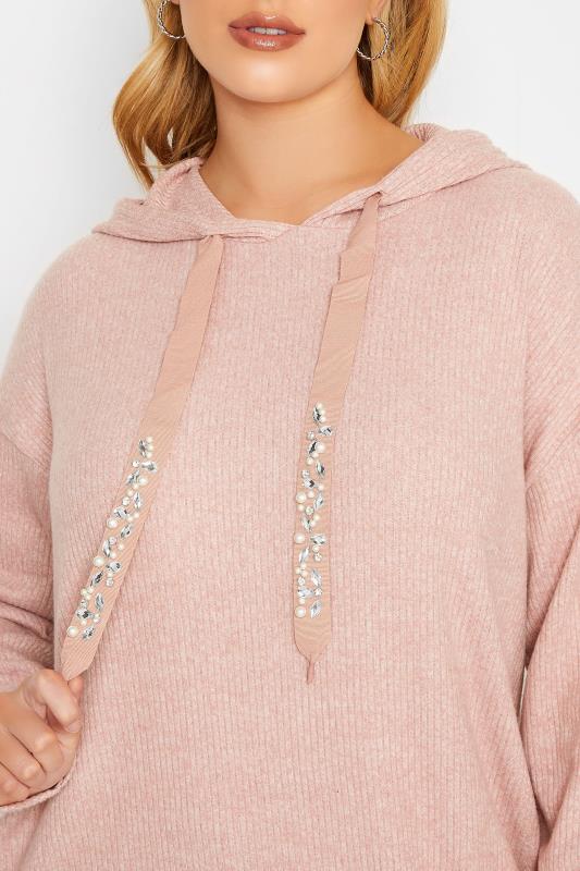 YOURS LUXURY Curve Light Pink Sequin Embellished Drawstrings Ribbed Hoodie Dress 5