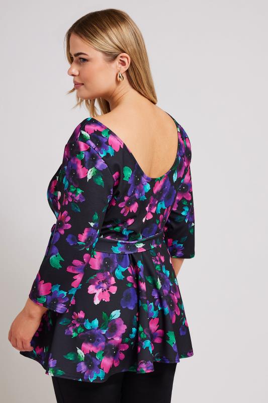 YOURS LONDON Plus Size Black Floral Print Peplum Top | Yours Clothing 3