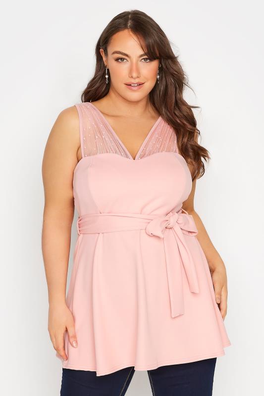Plus Size  YOURS LONDON Curve Pink Mesh Peplum Top
