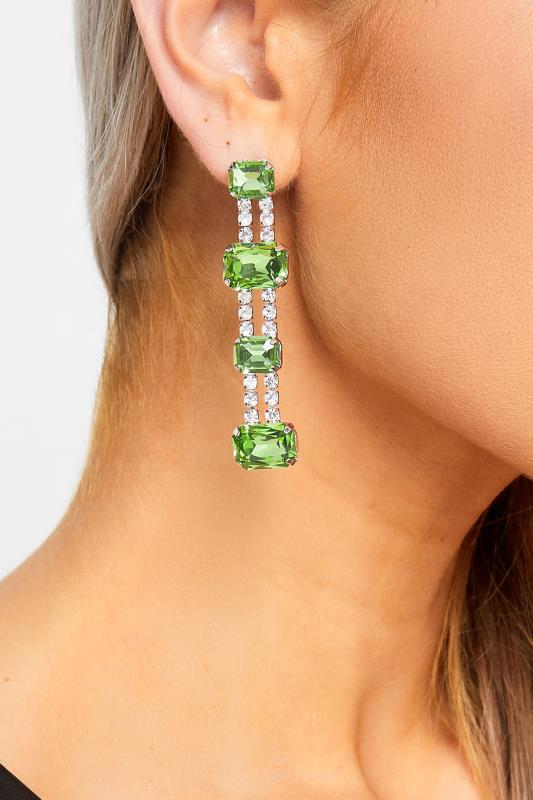 Plus Size  Silver Tone & Emerald Diamante Drop Earrings