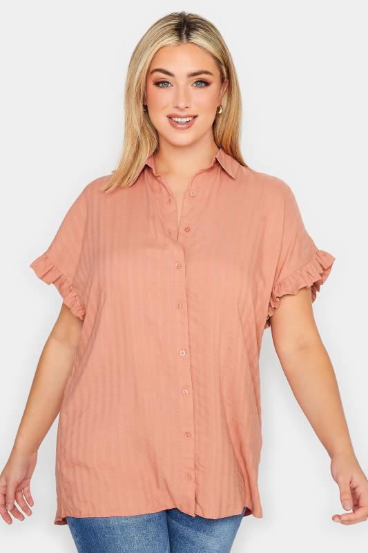 Plus Size  YOURS Curve Coral Orange Frill Sleeve Collared Shirt
