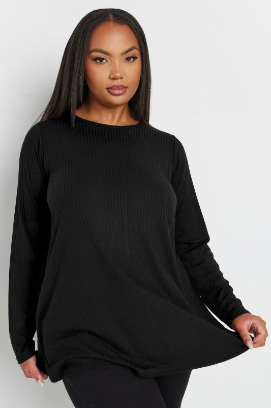 YOURS Plus Size Black Long Sleeve Ribbed Swing Top | Yours Clothing 2