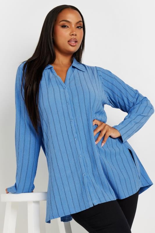  Grande Taille YOURS Curve Blue Textured Pinstripe Shirt