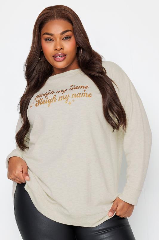 LIMITED COLLECTION Plus Size Beige Brown 'Sleigh My Name' Slogan Christmas Top | Yours Clothing  2