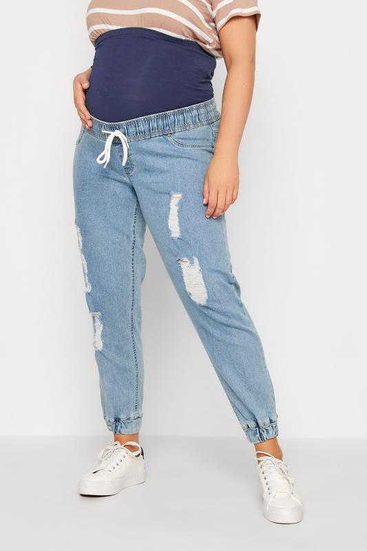 Plus Size  BUMP IT UP MATERNITY Curve Blue Ripped Stretch Jogger Jeans