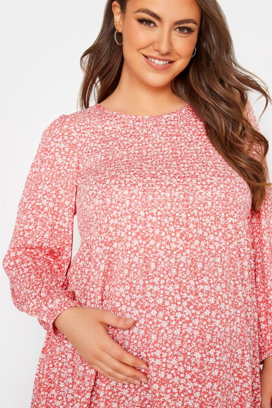 BUMP IT UP MATERNITY Plus Size Pink Ditsy Print Shirred Swing Top | Yours Clothing 4