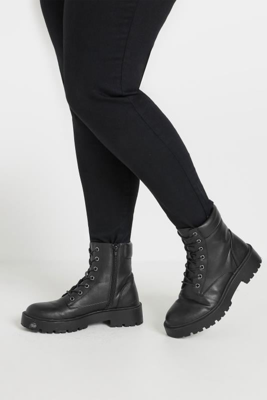 Plus Size  Black Lace Up Chunky Boots In Wide E Fit & Extra Wide EEE Fit