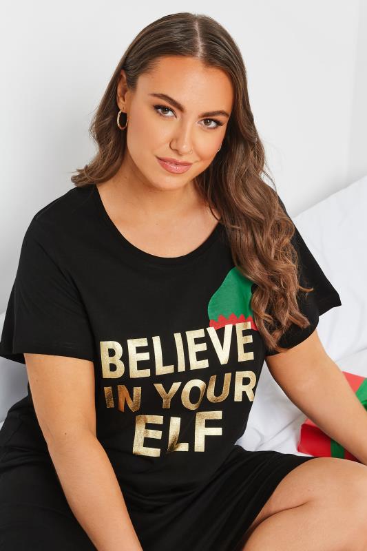 Plus Size Black 'Believe In Your Elf' Slogan Christmas Nightdress | Yours Clothing 3