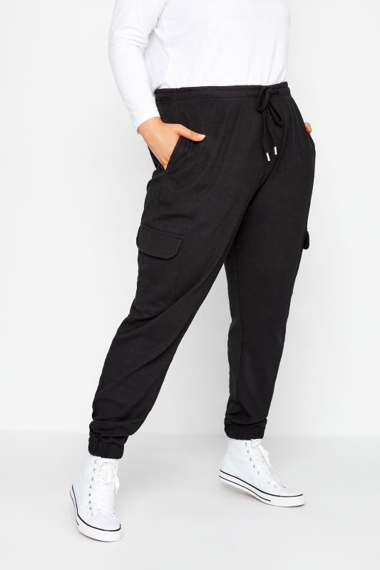  Grande Taille YOURS Curve Black Ribbed Stretch Cargo Joggers