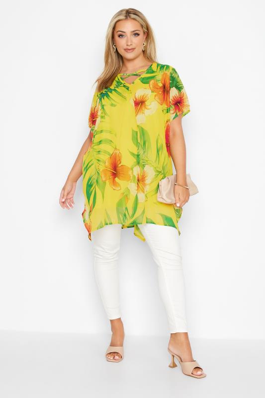 Plus Size Yellow Tropical Print Cross Front Top | Yours Clothing 2