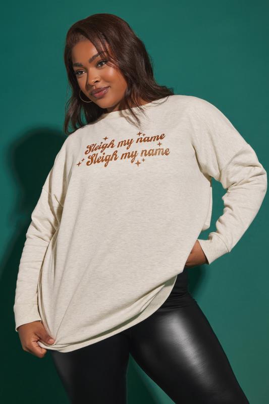 LIMITED COLLECTION Plus Size Beige Brown 'Sleigh My Name' Slogan Christmas Top | Yours Clothing  1