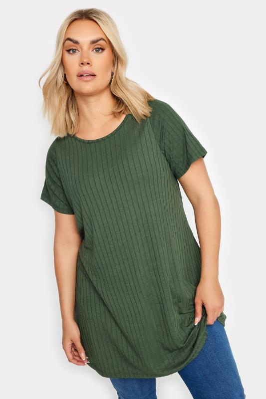 Plus Size  YOURS Curve Green Ribbed Short Sleeve Swing Top