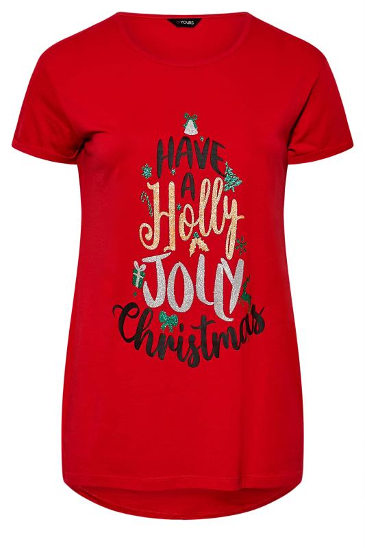 Plus Size Red 'Holly Jolly' Glitter Slogan Christmas T-Shirt | Yours Clothing 6