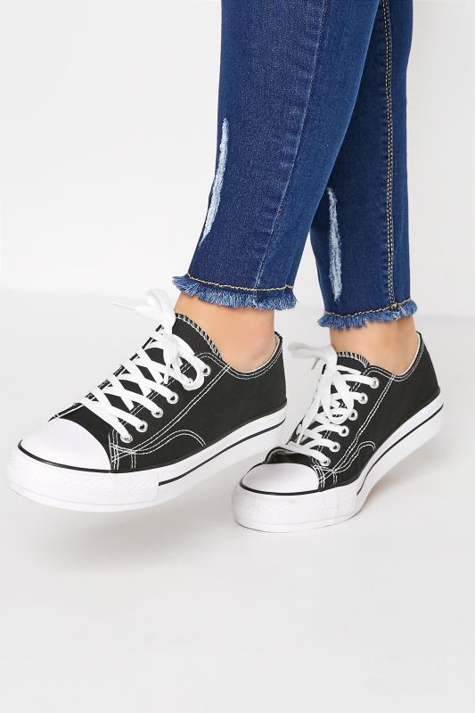 Grande Taille Black Canvas Platform Trainers In Wide E Fit