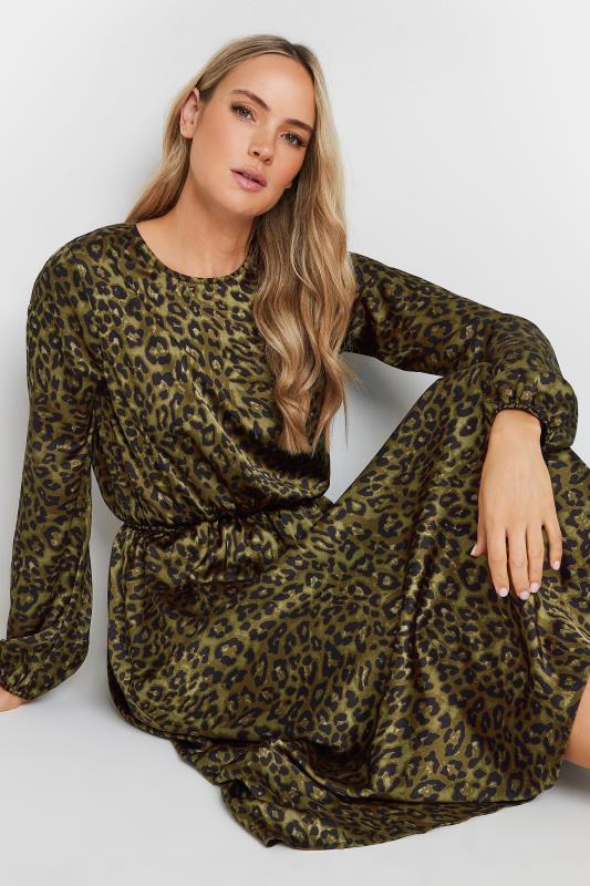 LTS Tall Khaki Green Leopard Print Satin Midi Dress | Long Tall Sally 5