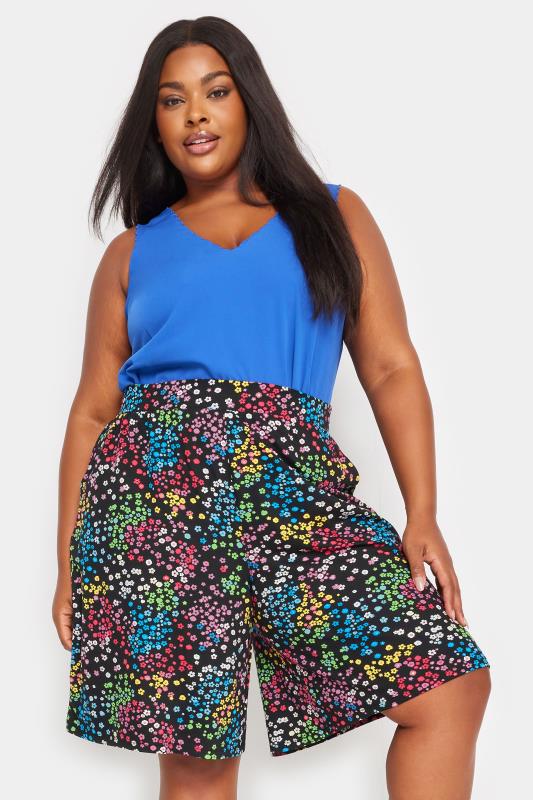YOURS Plus Size Black Rainbow Ditsy Floral Print Jersey Shorts | Yours Clothing 1