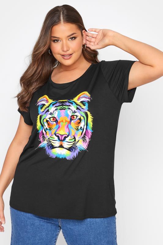 Plus Size Black Tiger Graphic Print T-Shirt | Yours Clothing  1
