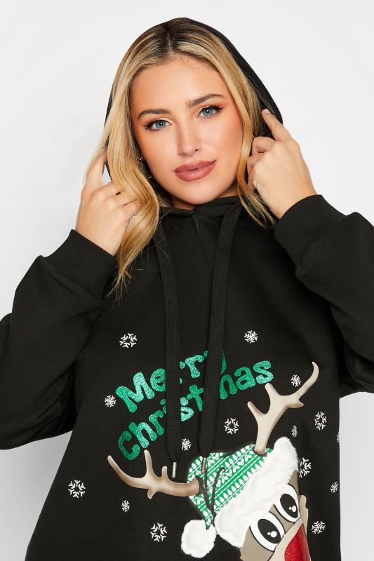 Plus Size Black Reindeer Print Christmas Novelty Hoodie | Yours Clothing 4