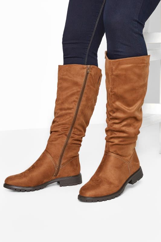 Tan Suedette Ruched Knee High Boots In Extra Wide Fit_M.jpg