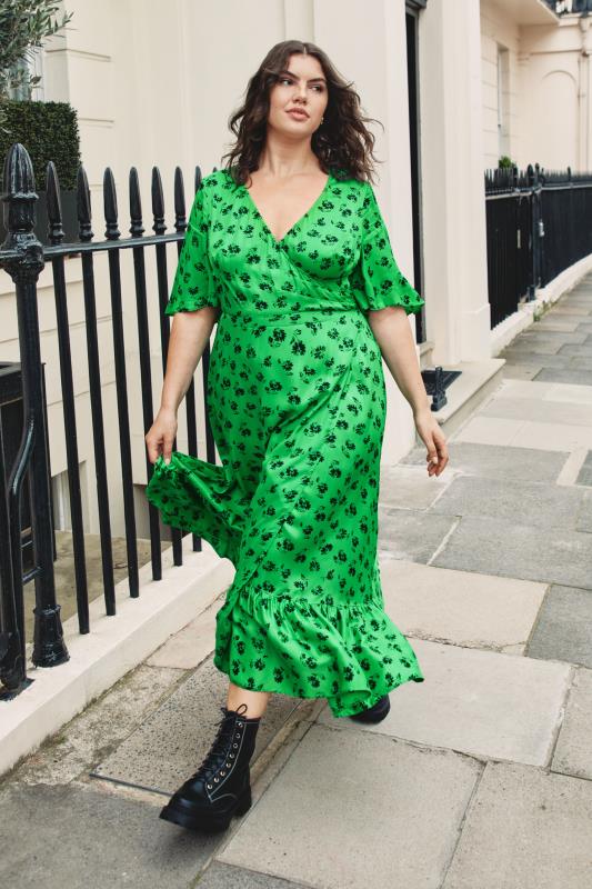 LIMITED COLLECTION Curve Bright Green Floral Ruffled Wrap Maxi Dress 6