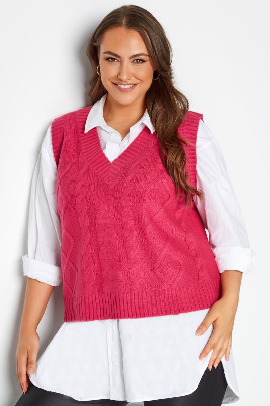 Plus Size Hot Pink Cable Knit Sweater Vest Top | Yours Clothing 4