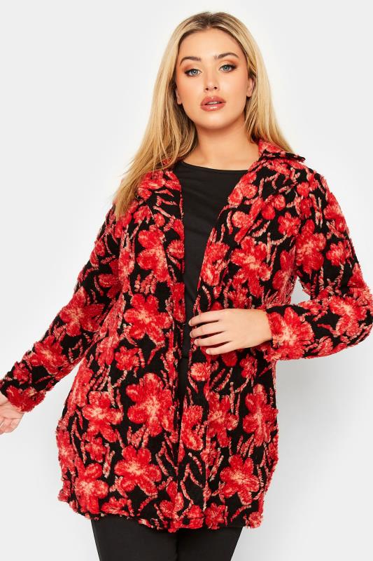 YOURS LUXURY Plus Size Red Floral Print Fleece Jacket | Yours Clothing 2