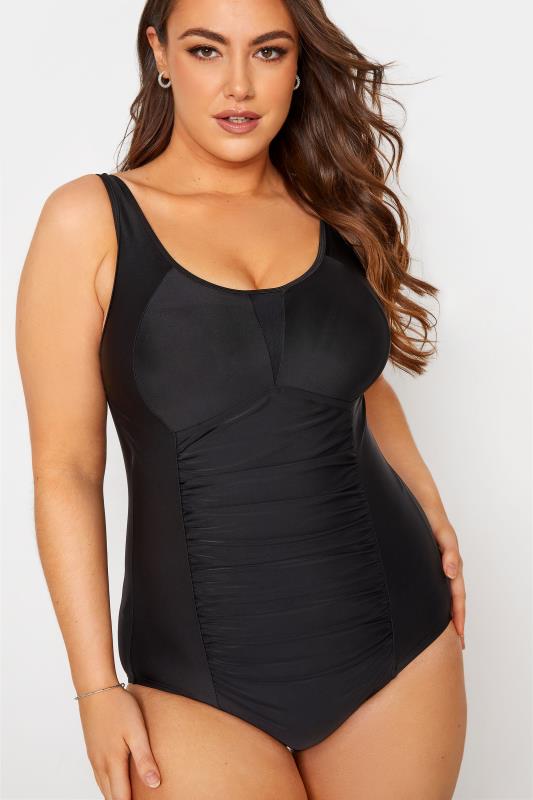 Plus Size Black Ruched Mesh Tummy Control Swimsuit  | Yours Clothing 2