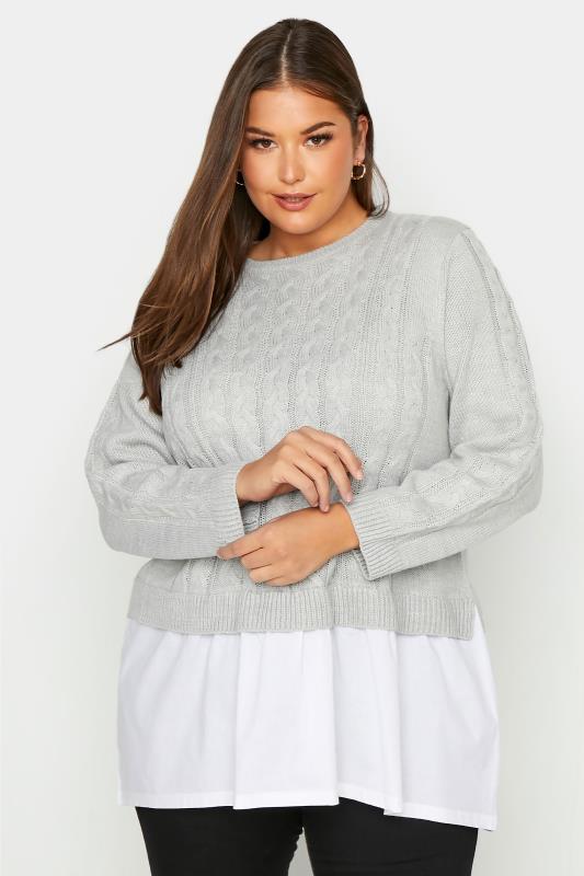 Plus Size Curve Grey 2 In 1 Poplin Hem Cable Knitted Jumper | Yours Clothing 1