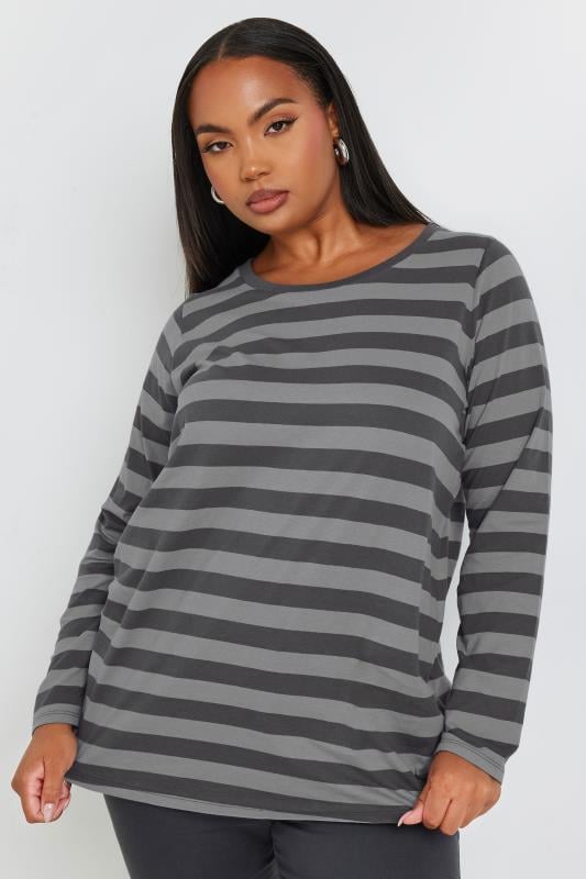 Plus Size  YOURS Curve Grey Stripe Long Sleeve T-Shirt