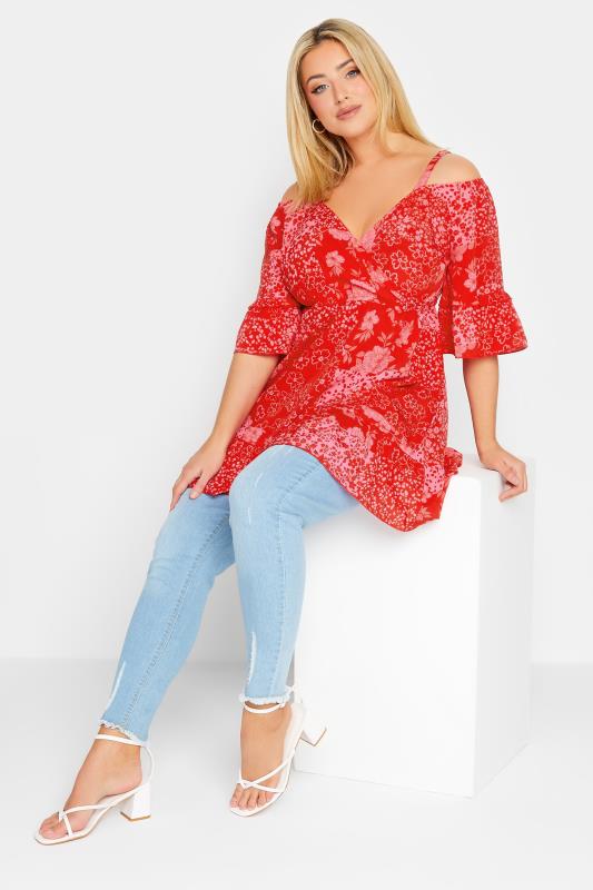 Plus Size Red Mixed Print Cold Shoulder Top | Yours Clothing  3