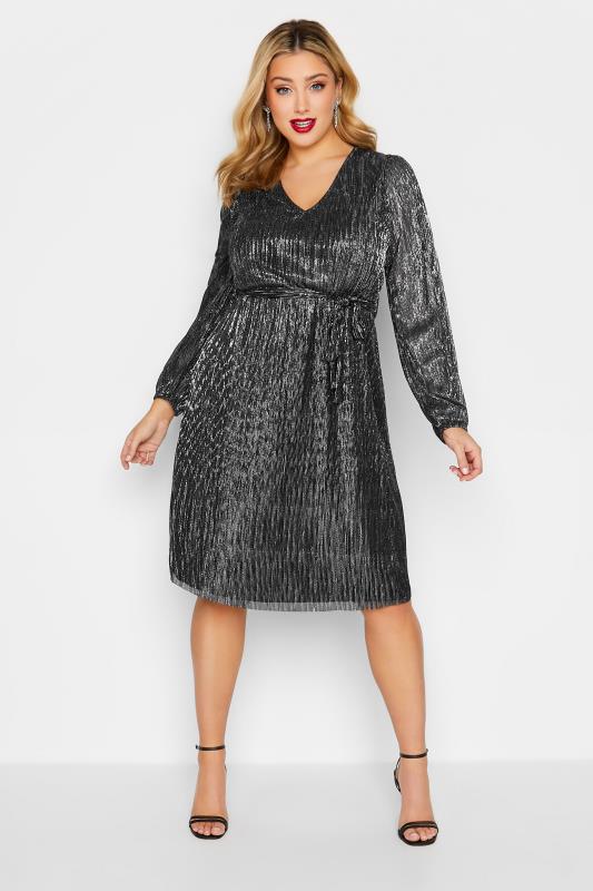 LIMITED COLLECTION Plus Size Black & Silver Crinkle Dress | Yours Clothing 1