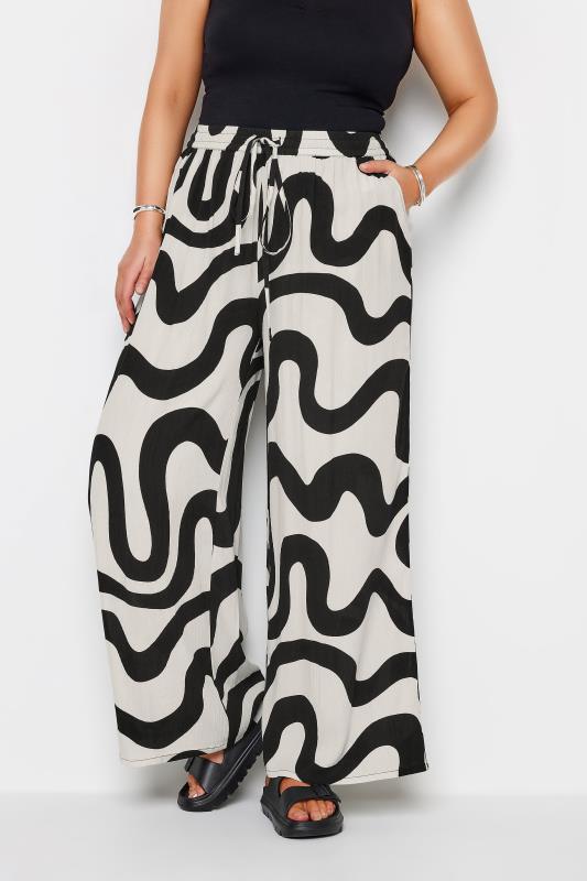  YOURS Curve White Abstract Print Crinkle Drawstring Trousers