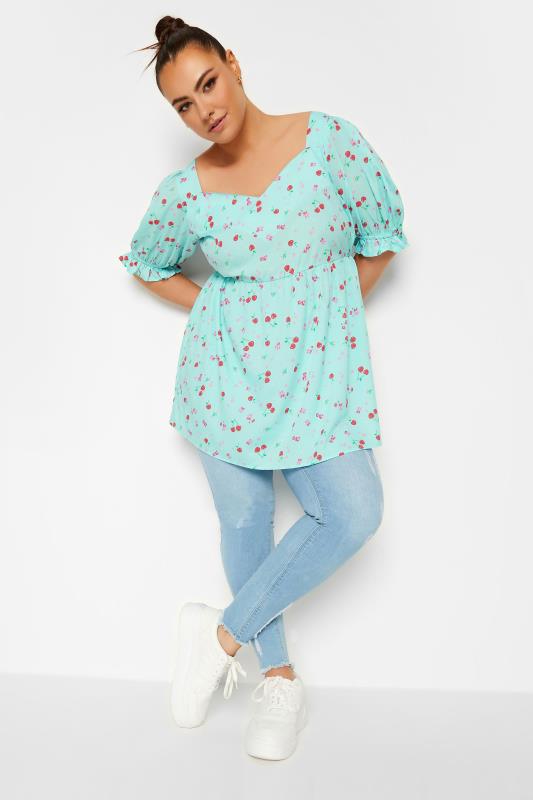 YOURS Plus Size Curve Blue Cherry Print Peplum Top | Yours Clothing  6
